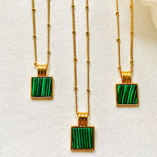 将图片加载到图库查看器,dark green square Malachite stone set in rub over setting, smooth. on 18ct yellow gold bobbled chain  Edit alt text