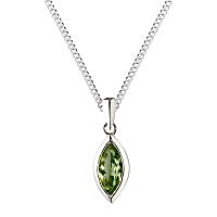 将图片加载到图库查看器,Marquise Cut Simulated Green Peridot in a silver rub over setting suspended on a silver bale and 18 inch silver curb chain on white background