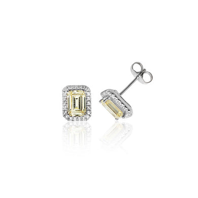 white background, yellow sapphire imitation gemstones which are rectangular in shape, The main centre stone is surrounded by a halo of imitation diamonds. These earrings are set in sterling silver.