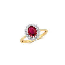 Загрузить изображение в средство просмотра галереи, Beautiful 9ct yellow gold diamond and ruby cluster ring, image on white background.