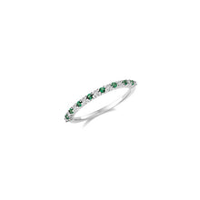 将图片加载到图库查看器,thin emerald green and diamond ring each stone claw set on white gold on sterling silver. The ring is a half eternity ring on white background