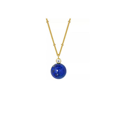 Lapis lazuli sphere, genuine natural Lapis with small CZ at the top suspended on a adjustable 18 carat gold on sterling silver bobble chain, adjustable in length. White background
