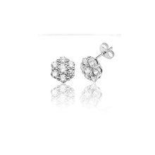 画像をギャラリービューアに読み込む, cubic zirconia flower cluster studs, seven stones which look like diamonds on sterling silver  with silver butterfly backs on white background