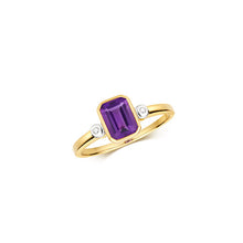 Load image into Gallery viewer, 9ct yellow gold band and mount holding rectangle amethyst with one real diamond set either side of the purple amethyst stone, image on white background
