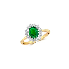 Загрузить изображение в средство просмотра галереи, A 9ct Diamond and Emerald Cluster ring, image on a white background.
