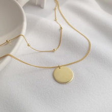 将图片加载到图库查看器,Coin or disc pendant on double layered chain, one chain has a beads dotted all along the one chain. The other had the round disc pendant sitting on it.  18ct gold plated chains.