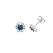 Load image into Gallery viewer, London blue topaz and diamond 9ct white gold flower design studs on white background
