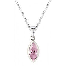 Cargar imagen en el visor de la galería, Marquise Cut Simulated Pink Sapphire in a silver rub over setting suspended on a silver bale and 18 inch silver curb chain on white background
