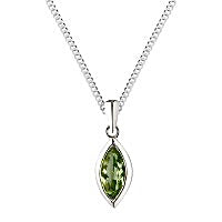 Cargar imagen en el visor de la galería, Marquise Cut Simulated Green Peridot in a silver rub over setting suspended on a silver bale and 18 inch silver curb chain on white background

