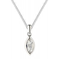 Marquise Cut Simulated White Sapphire in a silver rub over setting suspended on a silver bale and 18 inch silver curb chain on white background