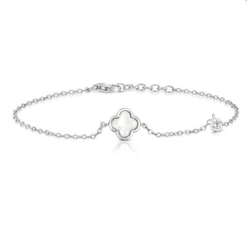 Sterling Silver Rhodium Plated fine dainty bracelet with mother of pearl feature