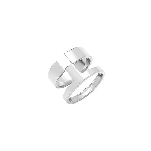 Wide Silver puzzle geometric ring that interlocks, smooth design on white background