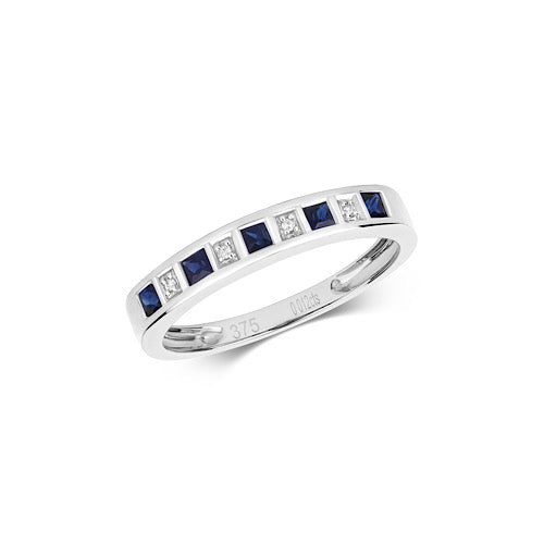 Stunning 9ct white gold diamond and sapphire ring, image on white background.