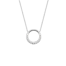 Cargar imagen en el visor de la galería, White Gold on Sterling silver halo circle pendant encrusted with simulated diamonds on a silver curb fine chain
