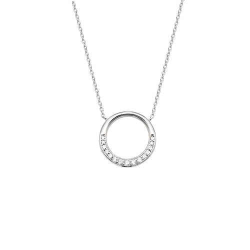 White Gold on Sterling silver halo circle pendant encrusted with simulated diamonds on a silver curb fine chain