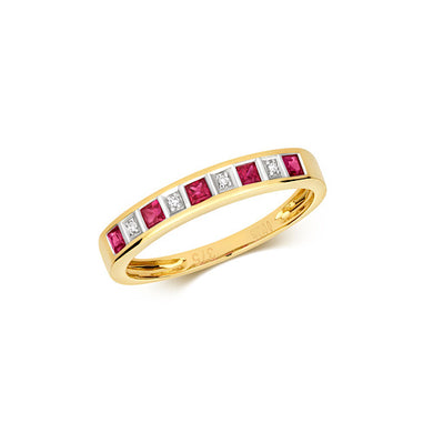 Stunning 9ct yellow gold diamond and ruby ring, image on white background.
