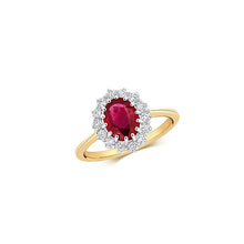 Load image into Gallery viewer, Beautiful 9ct yellow gold diamond and ruby cluster ring, image on white background.
