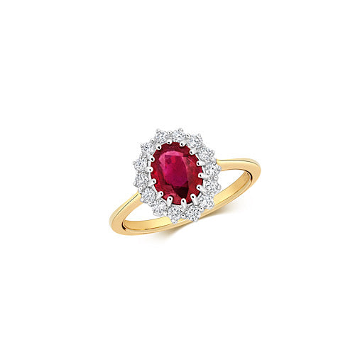 Beautiful 9ct yellow gold diamond and ruby cluster ring, image on white background.