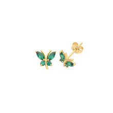 Загрузить изображение в средство просмотра галереи, 9ct yellow gold butterfly earrings fully of real genuine marquise cut emeralds on white background
