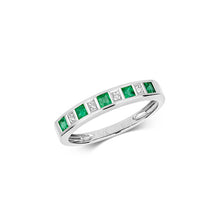 Load image into Gallery viewer, Beautiful 9ct white gold emerald and diamond half eternity ring, image on white background. 
