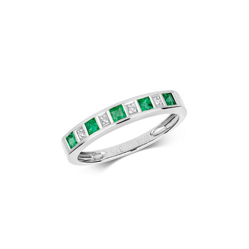 Beautiful 9ct white gold emerald and diamond half eternity ring, image on white background. 