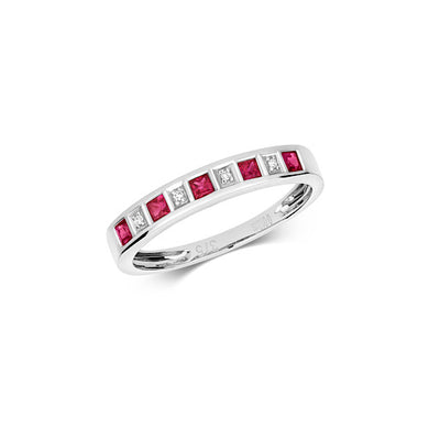 Solid 9ct white gold diamond and ruby ring, image on white background.