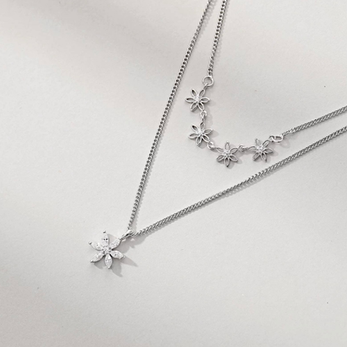 Silver Flower Necklace, Double Row