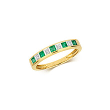 Load image into Gallery viewer, Beautiful 9ct diamond and emerald ring, image on white background. 
