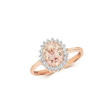 Cargar imagen en el visor de la galería, Solid 9ct rose gold diamond and morganite ring, image on white background.

