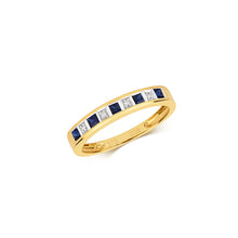 Load image into Gallery viewer, 9ct yellow gold half eternity ring with 5 dark sapphire gemstones and 4 diamonds. ring is on a white background
