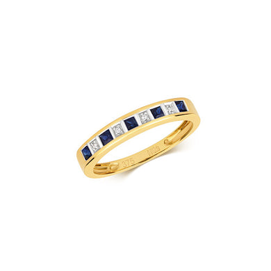 9ct yellow gold half eternity ring with 5 dark sapphire gemstones and 4 diamonds. ring is on a white background