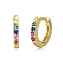 Load image into Gallery viewer, Rainbow Huggie Earring, Midi Design, 14ct Gold Hoops
