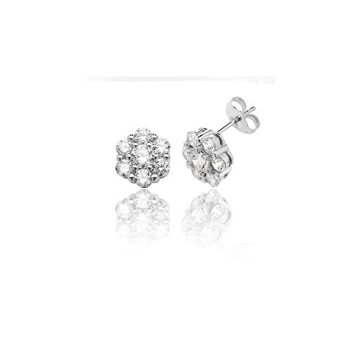 cubic zirconia flower cluster studs, seven stones which look like diamonds on sterling silver  with silver butterfly backs on white background