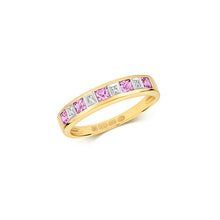 Load image into Gallery viewer, Solid 9ct yellow gold diamond and pink sapphire ring, image on white background.
