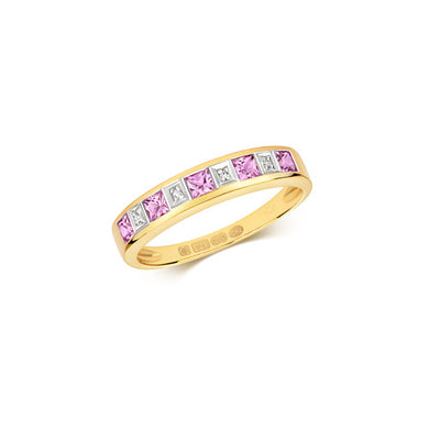 Solid 9ct yellow gold diamond and pink sapphire ring, image on white background.