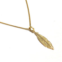 Load image into Gallery viewer, 18 carat gold single 20mm long feather on gold curb chain, image on white background
