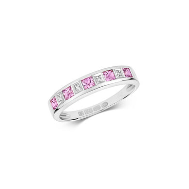 Beautiful 9ct white gold diamond and pink sapphire ring, image on white background. 