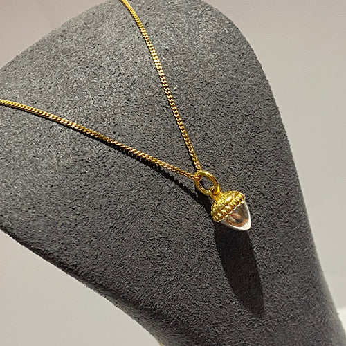 Yellow gold curb chain with a small solid acorn suspended. The acorn is gold and silver with much detail. This necklace is on a grey display bust on white background