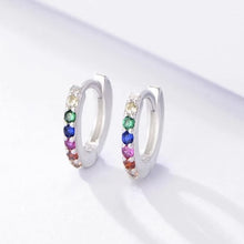 Load image into Gallery viewer, Rainbow Huggie Earring, Midi Design on a hinge fastening, Rhodium Plated Silver  Hoops

