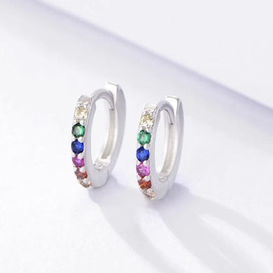 Rainbow Huggie Earring, Midi Design on a hinge fastening, Rhodium Plated Silver  Hoops