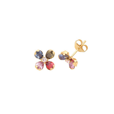 Flower studs with four petal design, each one a different coloured gemstone, red pink blue brown with one central cubic zirconia, clear. 9ct yellow gold with gold butterfly backs on white background