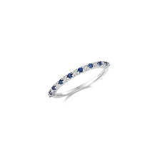 Load image into Gallery viewer, Blue sapphire and diamond imitation zirconia&#39;s on white gold plated on sterling silver ring, half eternity narrow design
