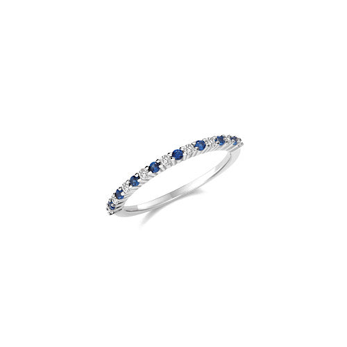 Blue sapphire and diamond imitation zirconia's on white gold plated on sterling silver ring, half eternity narrow design