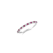 Load image into Gallery viewer, ruby and diamond half eternity ring, narrow thin ring each stone claw set on white gold plated sterling silver. image on white background
