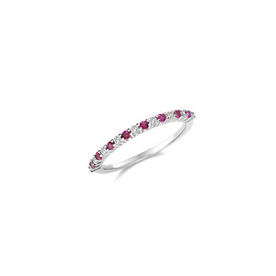 ruby and diamond half eternity ring, narrow thin ring each stone claw set on white gold plated sterling silver. image on white background